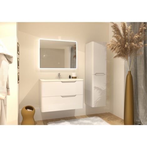 Meuble vasque LUNA Blanc brillant 80 cm avec miroir Reflet