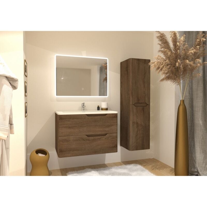 Sanitaire - Meuble vasque luna Bois Foncé 80cm avec miroir Reflet