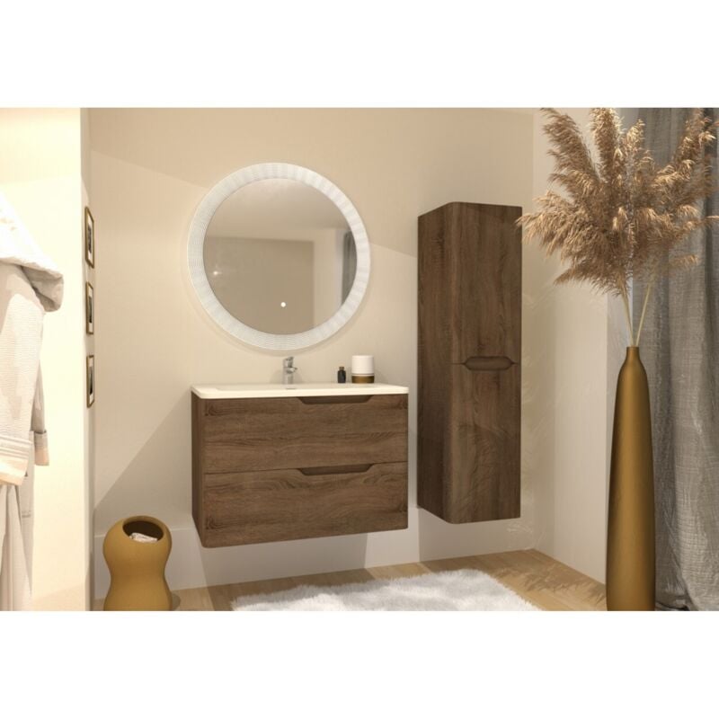 Sanitaire - Meuble vasque luna Bois Foncé 80cm avec miroir rond Perle