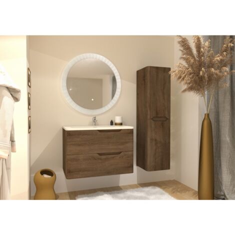 Meuble vasque LUNA Bois Foncé 80cm avec miroir rond Perle