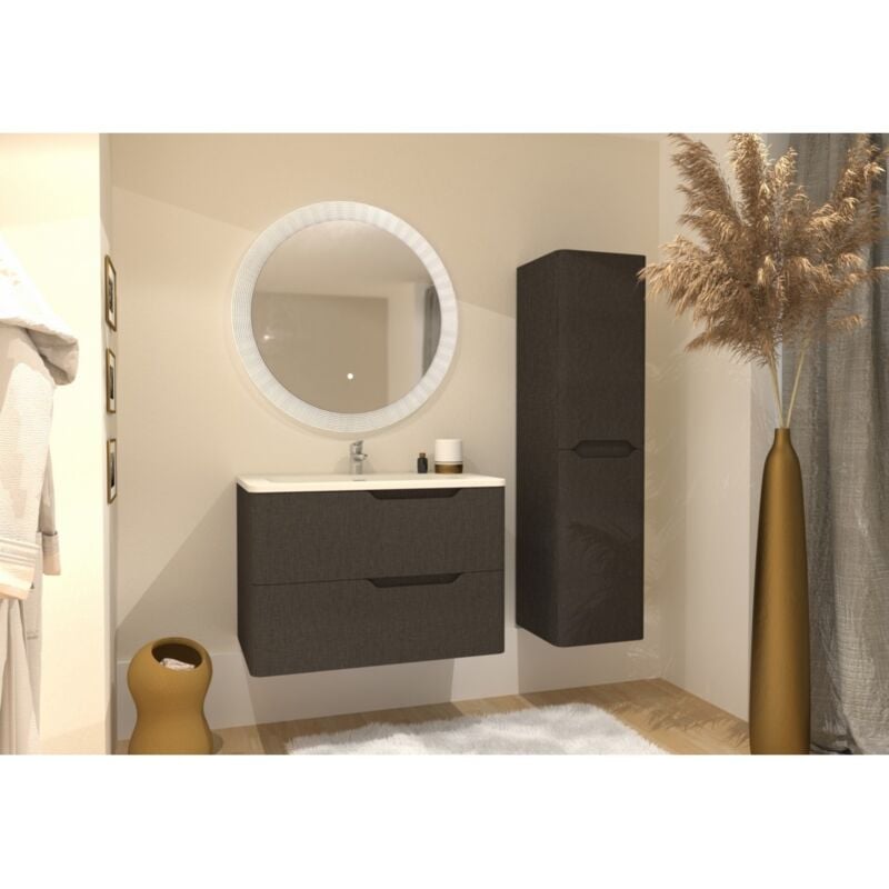 Sanitaire - Meuble vasque luna Tissé Gris 80 cm avec miroir rond Perle