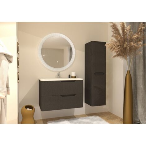 Meuble vasque LUNA Tissé Gris 80 cm avec miroir rond Perle