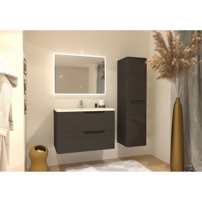 Meuble vasque LUNA Tissé Gris 80cm avec miroir Reflet