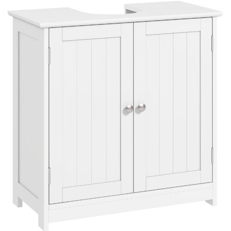 KLEANKIN vasque - meuble sous-vasque - 2 portes rainurées avec étagère réglable - poignées métal chromé - dim. 60L x 30l x 60H cm - MDF blanc