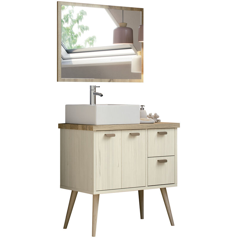 pegane - meuble vasque + miroir coloris pin/cambrian - hauteur 93 x longueur 82 x profondeur 46 cm