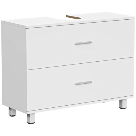Meuble vasque moderne blanc avec 2 tiroirs, meuble sur pied lavabo sans plinthe rangement