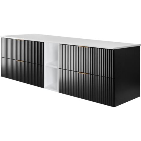 Meuble vasque, Noir / Blanc + poignée dorée, 180(2 × 80 + 20) × 57 × 46 cm + Plan de travail