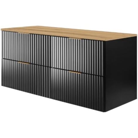 Meuble vasque, Noir / Chêne Craft + poignée dorée, 120 (2 × 60 cm) × 57 × 46 cm + Plan de travail