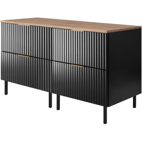 Meuble vasque, Noir / Chêne Craft + poignée dorée, 120 (2 × 60 cm) × 77 × 46 cm + Plan de travail, pieds noirs