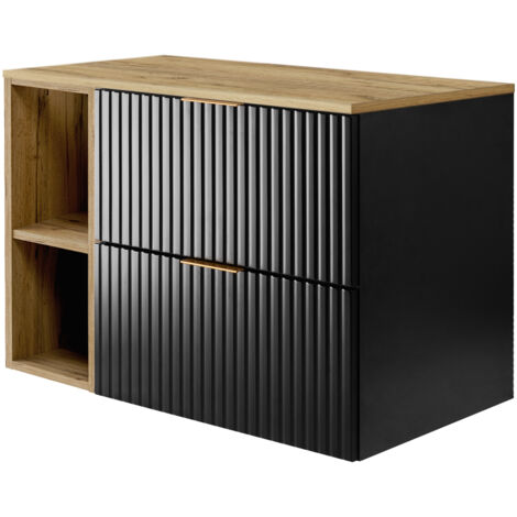 Meuble vasque, Noir / Chêne Craft + poignée dorée, 80 × 57 × 46 cm + Plan de travail