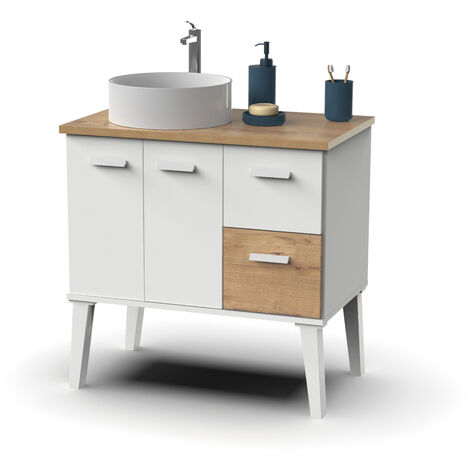 Meuble vasque pour salle de bain vasque coloris blanc, chêne - Longueur 82 x Profondeur 50 x hauteur 80 cm -PEGANE-
