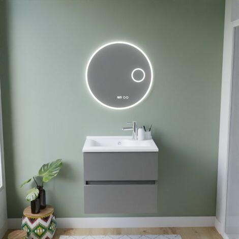 Meuble vasque ROSALY INOX 60 cm + miroir Rondinara- Gris- Plan vasque en Résine