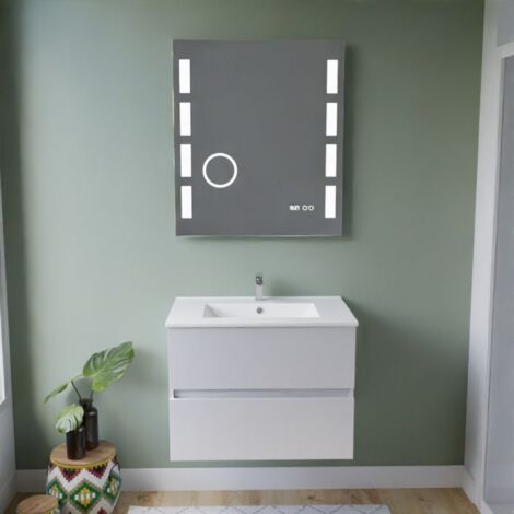 Meuble vasque ROSALY INOX 70 cm + miroir Excellence- Blanc- Plan vasque en Céramique
