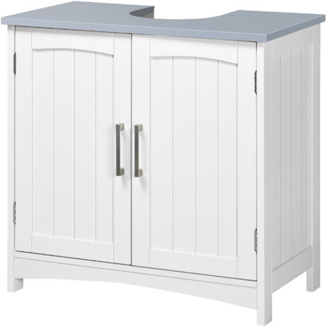Meuble vasque salle de bain double portes avec clayettes ajustables, blanc