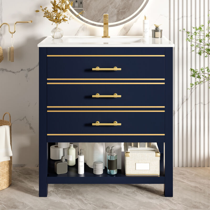 Meuble Vasque Salle de Bain Indépendant 66 cm, avec Vasque en Céramique - 2 Tiroirs et Étagère Ouverte, Poignées Dorées - Bleu(Sans Robinetterie)