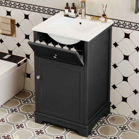 Meuble Vasque Salle de Bain Indépendant 81 cm, avec Vasque Céramique – Rangement Multi-niveaux et Tiroirs – Design Scandinave, Noir