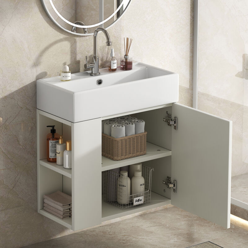 Hauss Spole - Meuble vasque simple 55 cm, coiffeuse suspendue avec rangement, aggloméré, blanc