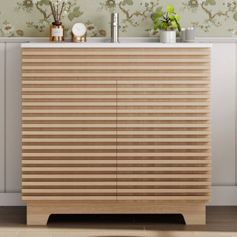 Meuble vasque sur pied à 2 portes avec étagères et vasque intégrée, naturel, 91x46x86,5 cm