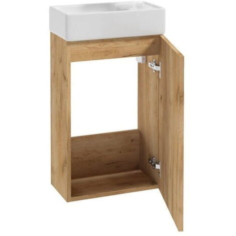 Meuble vasque suspendu 40 en chêne artisanal et robinet compact chromé Small
