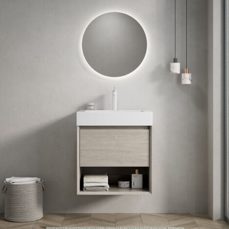 Meuble vasque suspendu 55cm, lavabo rectangulaire blanc en résine intégré, armoire en contreplaqué avec tiroir et étagère ouverte, prémonté, couleur chêne clair aspect bois