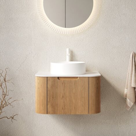 Meuble Vasque Suspendu 61x48x47,5 cm Blanc Carrara, Céramique & Tiroir - Contreplaqué Rayé Naturel, Pré-assemblé pour Salle de Bain
