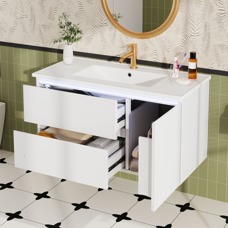 Meuble Vasque Suspendu 91cm - Finition Laquée Haute Qualité et LED Intégrée - 2 Tiroirs Silencieux + Rangement Astucieux - Blanc