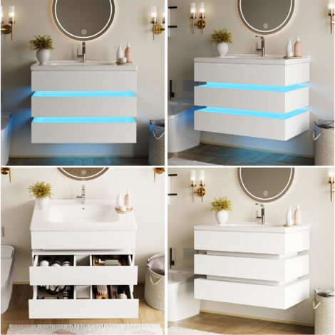 Meuble vasque suspendu avec éclairage LED, meuble sous lavabo en céramique, tiroirs à fermeture amortie, meuble salle de bain blanc