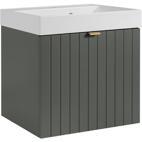 Meuble vasque suspendu HARMO 50 cm avec vasque encastrée en résine Façade rainuré vert