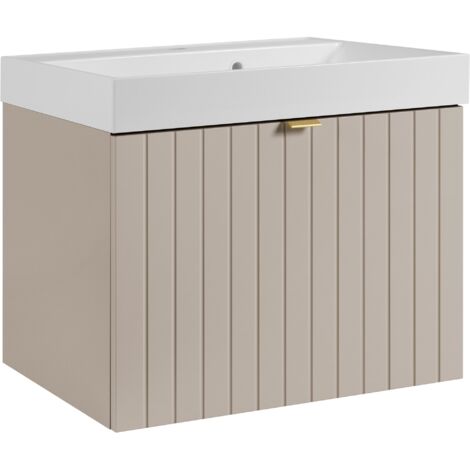 Meuble vasque suspendu HARMO 60 cm avec vasque encastrée en résine Façade rainuré cachemire