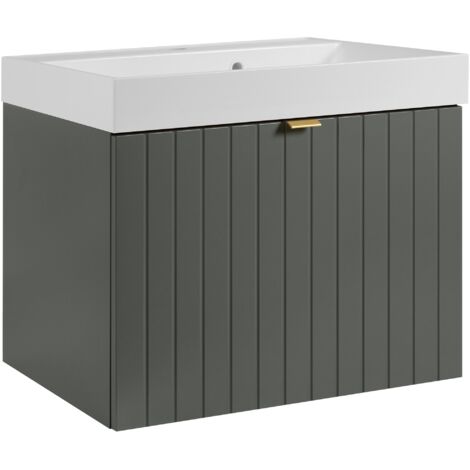Meuble vasque suspendu HARMO 60 cm avec vasque encastrée en résine Façade rainuré vert