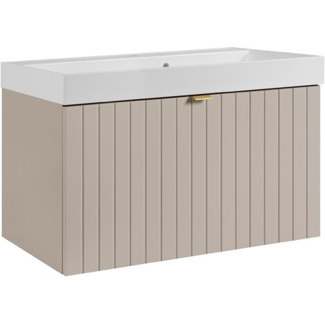 Meuble vasque suspendu HARMO 80 cm avec vasque encastrée en résine Façade rainuré cachemire