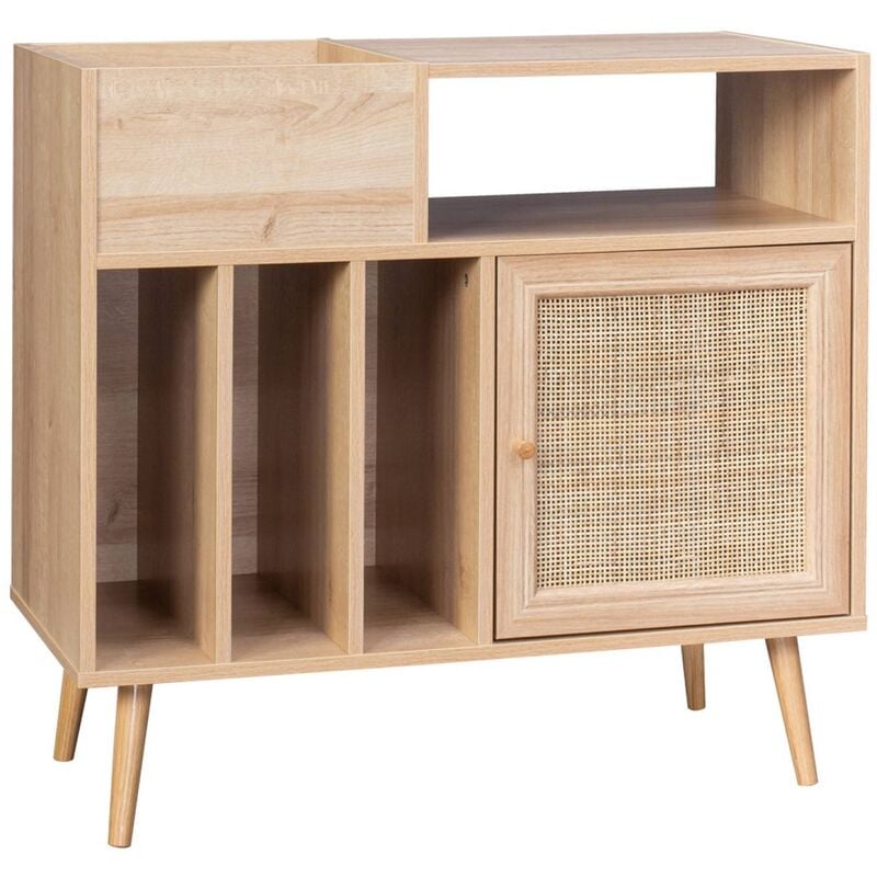 Sweeek - Meuble vinyle cannage et décor bois Bohème 1 porte et 4 casiers 83cm
