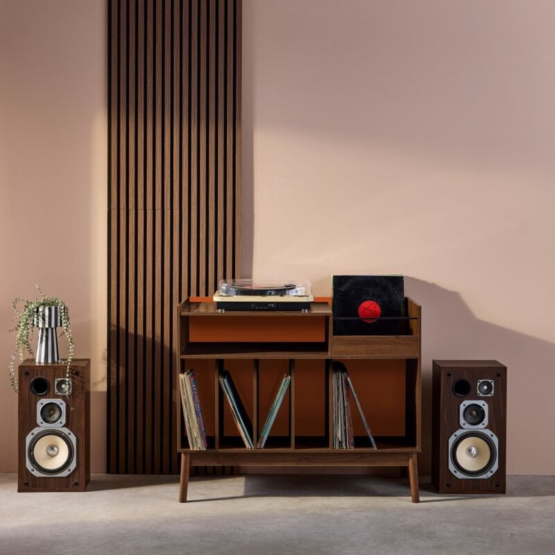 Meuble vinyle vintage bicolore décor bois et fond coloré 100cm orange - Nepal