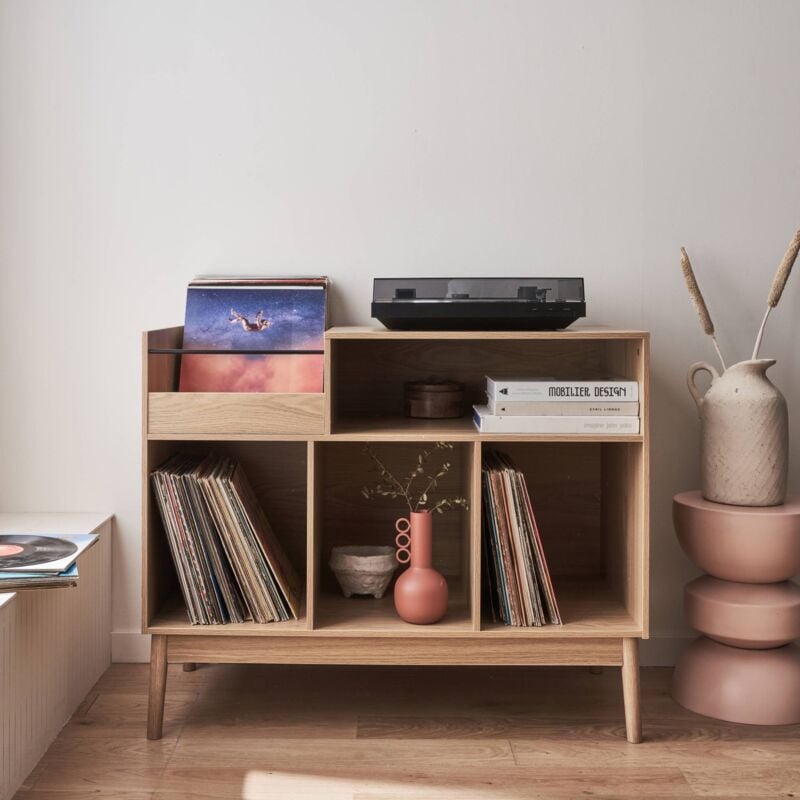 Sweeek - Meuble vinyle vintage décor bois. Dune. l 100 x l 48 x h 81.5cm