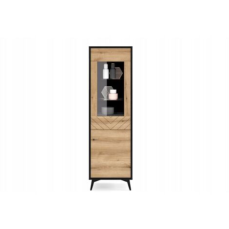Meuble Vitrine de rangement sur pied DIAMANT W54 évoque chêne/noir 54x178x39cm