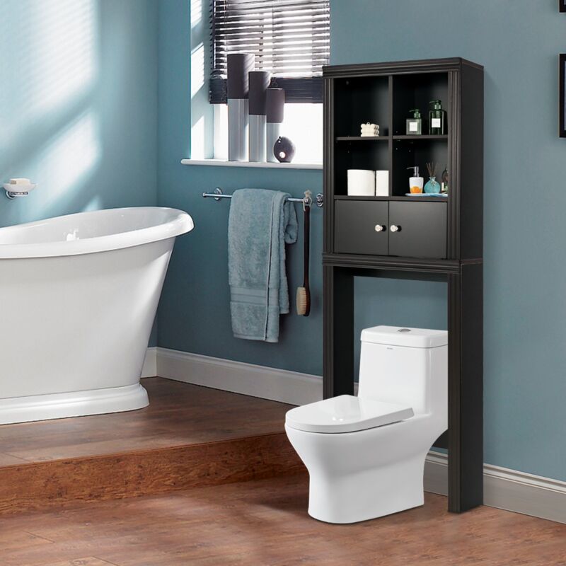 Meuble wc au-Dessus de Toilette Lave-Linge 4 Compartiments Ouverts 1 Placard 2 Portes Anti-Basculement Marron