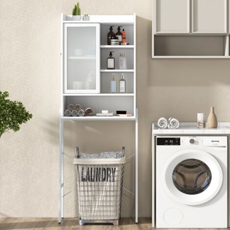 Meuble WC au-Dessus Toilettes Porte Vitrée Coulissante Rangement Industriel Métal Étagères Réglables Blanc CWXT1127 DESIGN IN