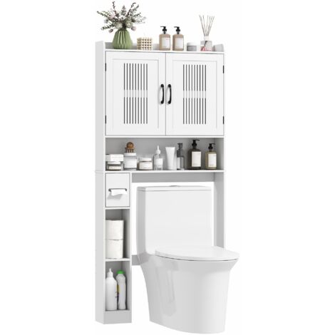 Meuble WC dessus de toilette meuble salle de bain avec placard à porte double et porte-papier 80x19,5x170cm blanc