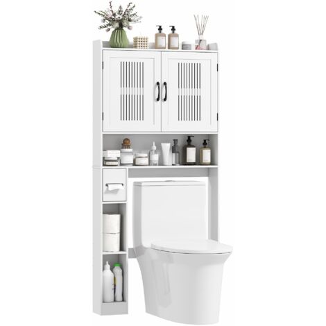 Meuble WC dessus de toilette meuble salle de bain avec placard à porte double et porte-papier 80x19,5x170cm blanc