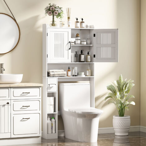 Meuble WC dessus de toilette meuble salle de bain avec placard à porte double et porte-papier 80x19.5x170cm blanc