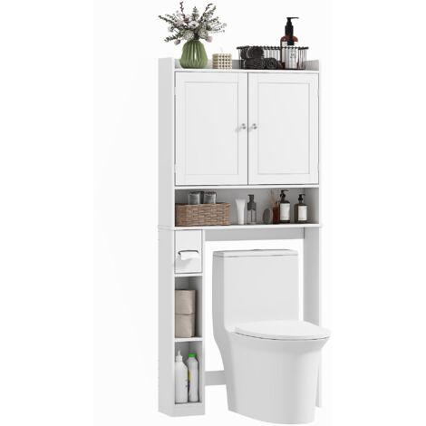 Meuble WC dessus de toilette ou machine à laver, 2 portes, 3 compartiments, porte-papier toilette, 80x19,5x170cm, blanc