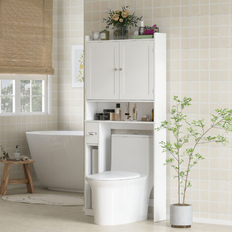 Meuble WC dessus de toilette ou machine à laver, 2 portes, 3 compartiments, porte-papier toilette, 80x19,5x170cm, blanc