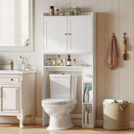 Meuble WC dessus de toilette ou machine à laver. 2 portes. 3 compartiments. porte-papier toilette. 80x19.5x170cm. blanc