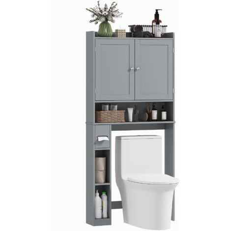Meuble WC dessus de toilette ou machine à laver, 2 portes, 3 compartiments, porte-papier toilette, 80x19,5x170cm, gris