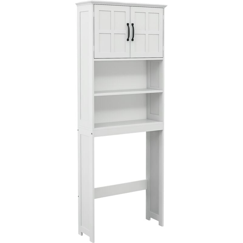 Meuble wc dessus de toilette style classique chic 2 portes 2 étagères poignées métal noir blanc