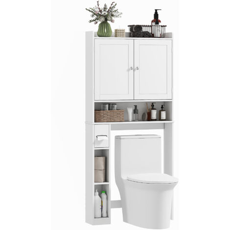 Meuble WC dessus WC/machine laver, 2 portes, 3 compartiments, porte-papier, 80x19,5x170 cm, blanc.