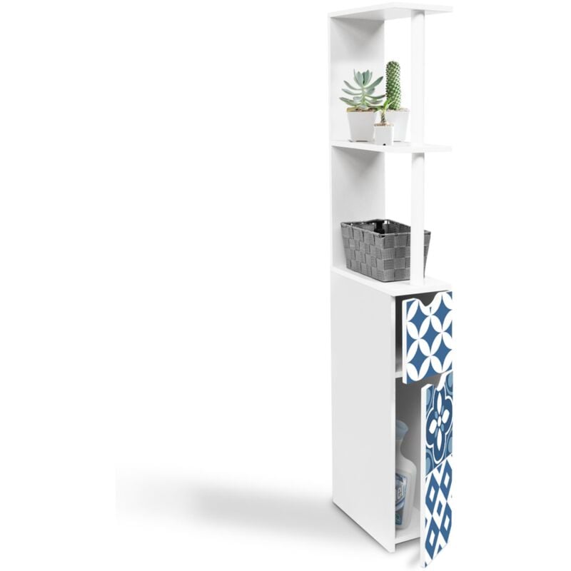 Meuble wc étagère bois willy 2 portes blanc et motif carreaux de ciment bleu