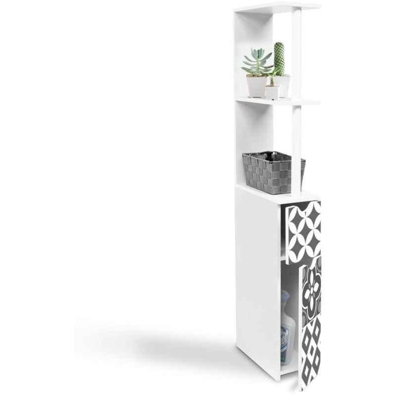 Meuble wc étagère bois willy 2 portes blanc et motif carreaux de ciment gris