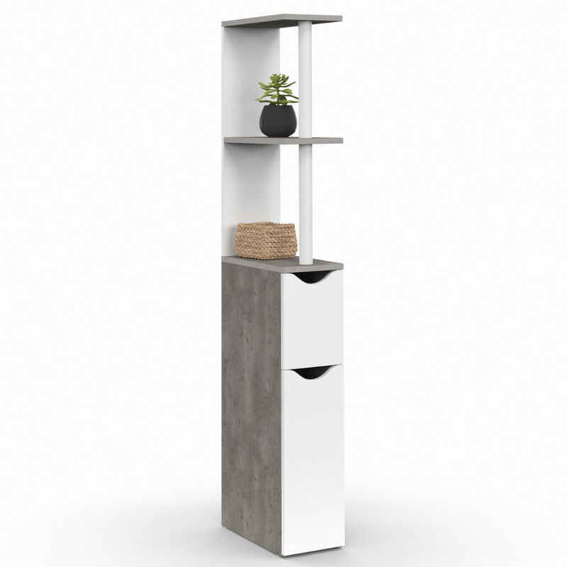 Meuble wc étagère willy bois gain de place pour toilette 2 portes blanc et effet béton