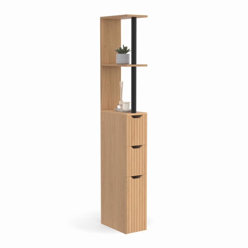 Idmarket – Meuble pour WC étagère bois chêne – Dimensions 15,2x33x136 cm – 3 portes et 2 tiroirs – Rangement compact et fonctionnel